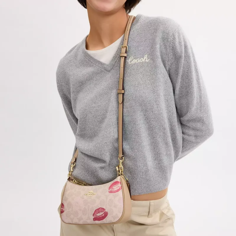 COACH Teri Coated Canvas Shoulder Bag Crossbody Bag Small Size Women's Sand Multicolor-3