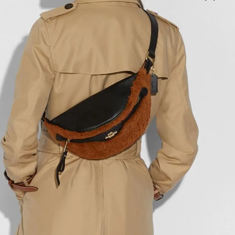 COACH Shearling Faux Suede With Pebbled Leather Sling Bag, Fanny Pack Tubas Women's Brown-6