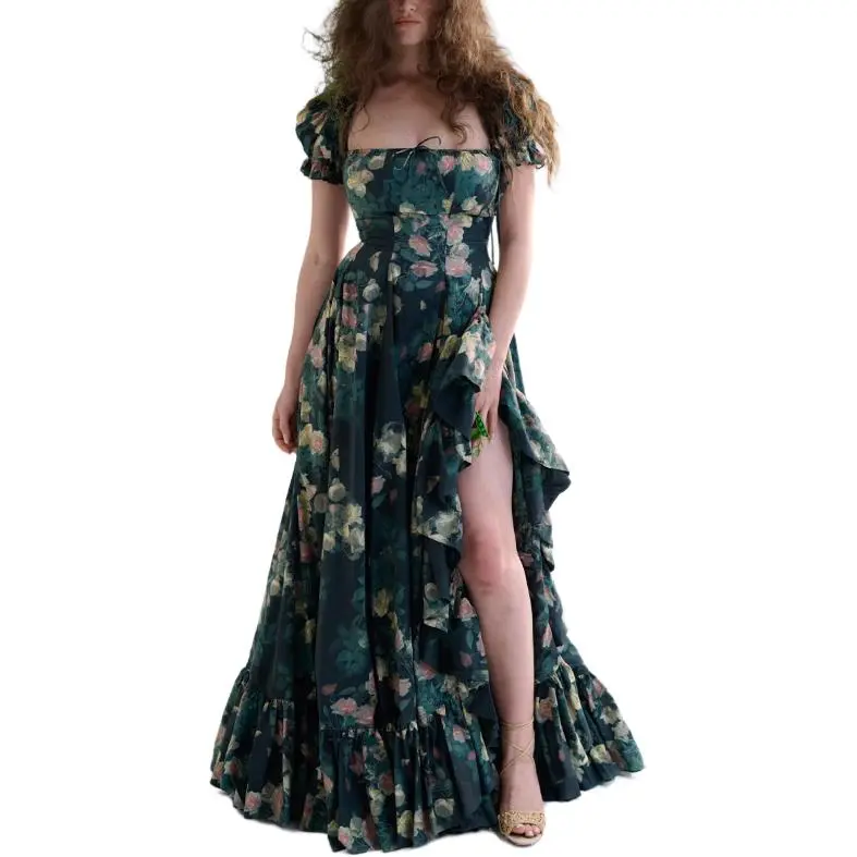 Selkie Collection SS25 Short Sleeved Dress Women's Dark Green With Crying Rose Print-1