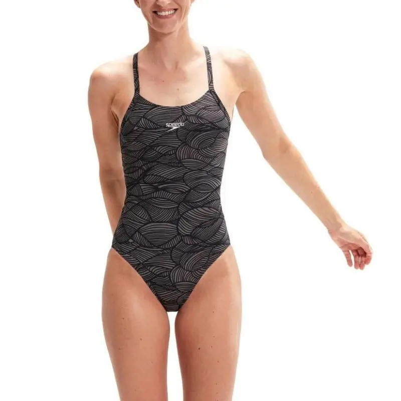 Speedo Women's Club Training Fixed Crossback Swimsuit One-piece Swimsuit Women's Black/Gray-1