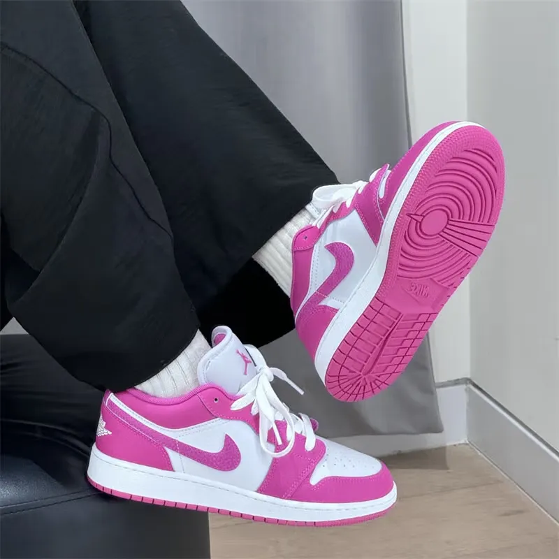Jordan Air Jordan 1 Slip-Resistant Cushioning Wear-Resistant Low-Top Children's Basketball Shoes White Pink Teenagers-1