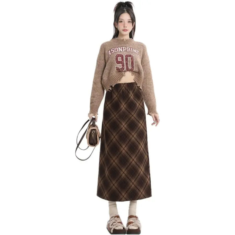 Kazakhstan Casual Long Skirts Women's Coffee Plaid-2