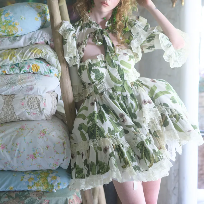 Selkie Collection SS25 Long Sleeved Dress Women's Ivory White Base With Magic Bean Print-1