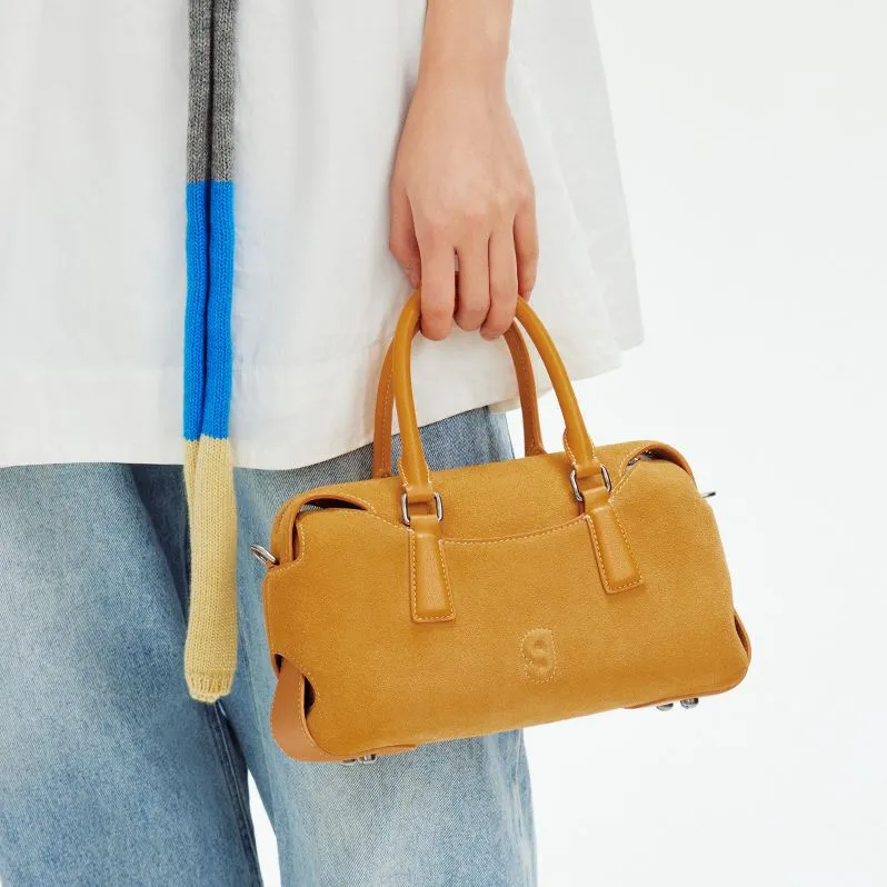 KUNOGIGI Cow Leather Boston Bag, Shoulder Bag, Crossbody Bag, Handbag Trumpets Women's Suede Ginger Yellow-1