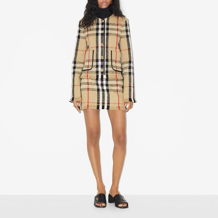 Burberry SS23 Checked Frayed Edge Tweed Jacket Brown-2