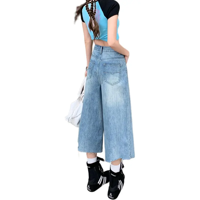 Wen Shan Denim Shorts Women's Light Blue Capri Pants-1