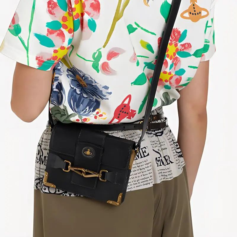 Vivienne Westwood Polished Leather Shoulder Bag, Crossbody Bag Trumpets Women's Black-6