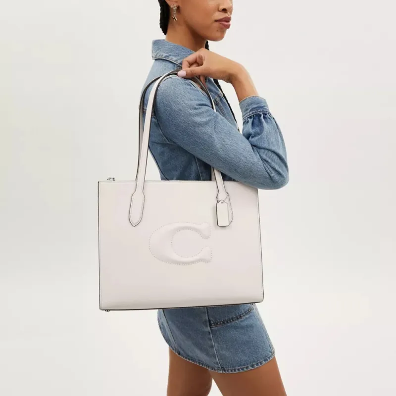 COACH Calfskin Tote Bag Shopping Bag Shoulder Bag Handbag Large Size Women's Silver & Chalk White-4