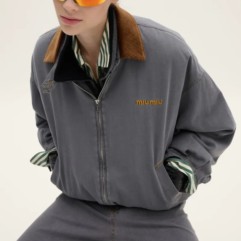 MIU MIU Velvet Collared Chambray Jacket Grey-3