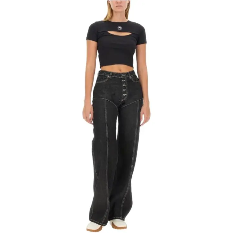 Marine Serre Moon Embroidered Cut Out Ribbed Cropped Top-2