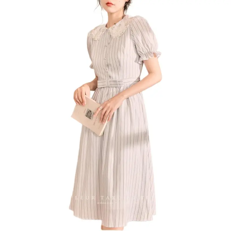 QIAOYUHUAZUN Short Sleeved Dresses Women's Blue White Stripes-2