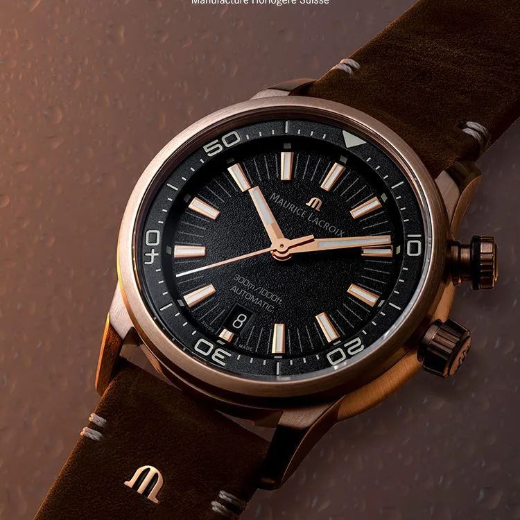 MAURICE LACROIX S Collection Mechanical Movement Unisex Watch 42mm Black Dial Bronze Watch Case Leather Strap-3