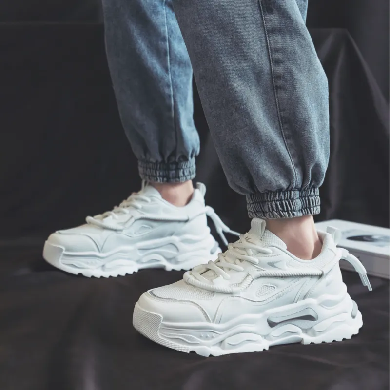 Warrior Anti Slip And Wear Resistant Height Increasing Low Top Chunky Sneakers Men's White Light Gray-7