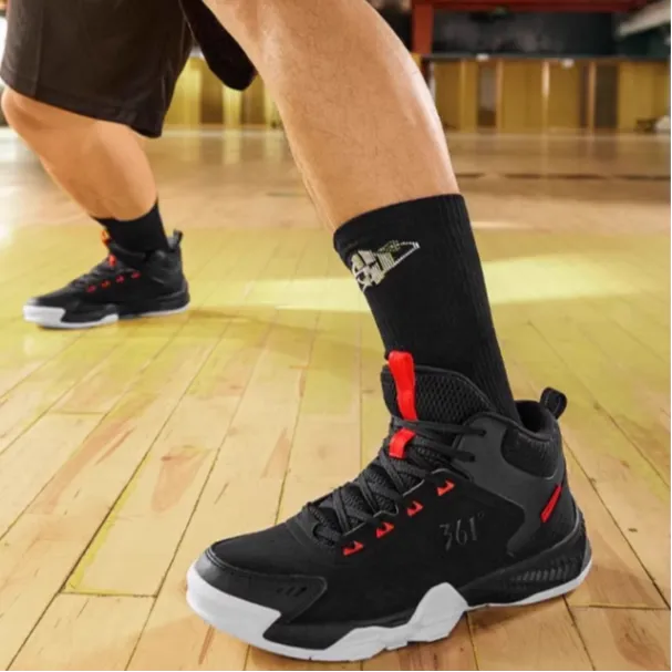 361° Anti Slip Wear Resistant Mid Top Basketball Shoes Men's Black White-2
