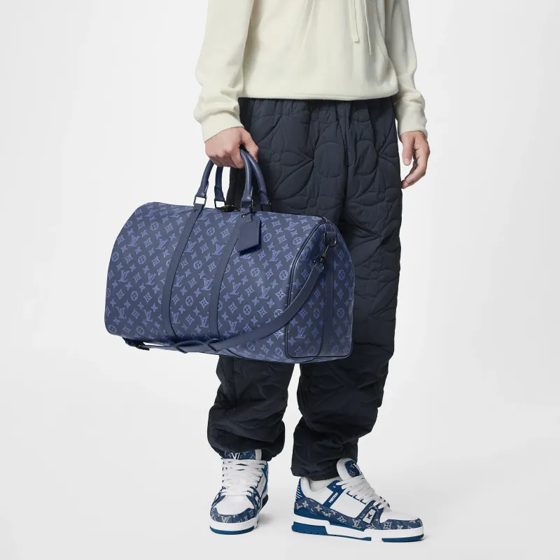 LOUIS VUITTON Keepall With Cow Leather Monkey Bag, Travel Bag, Shoulder Bag, Crossbody Bag, Handbag Men's Marine Blue-8