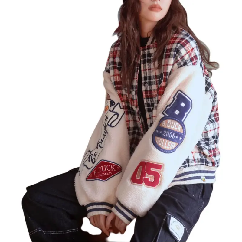 B.Duck Baseball Jacket Women's Red Blue Plaid-2