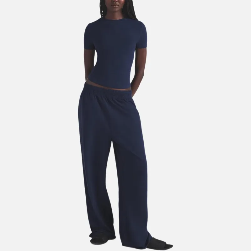 SKIMS SS25 COTTON JERSEY WIDE LEG PANT Casual Pants Women's NAVY/Marine Blue-1