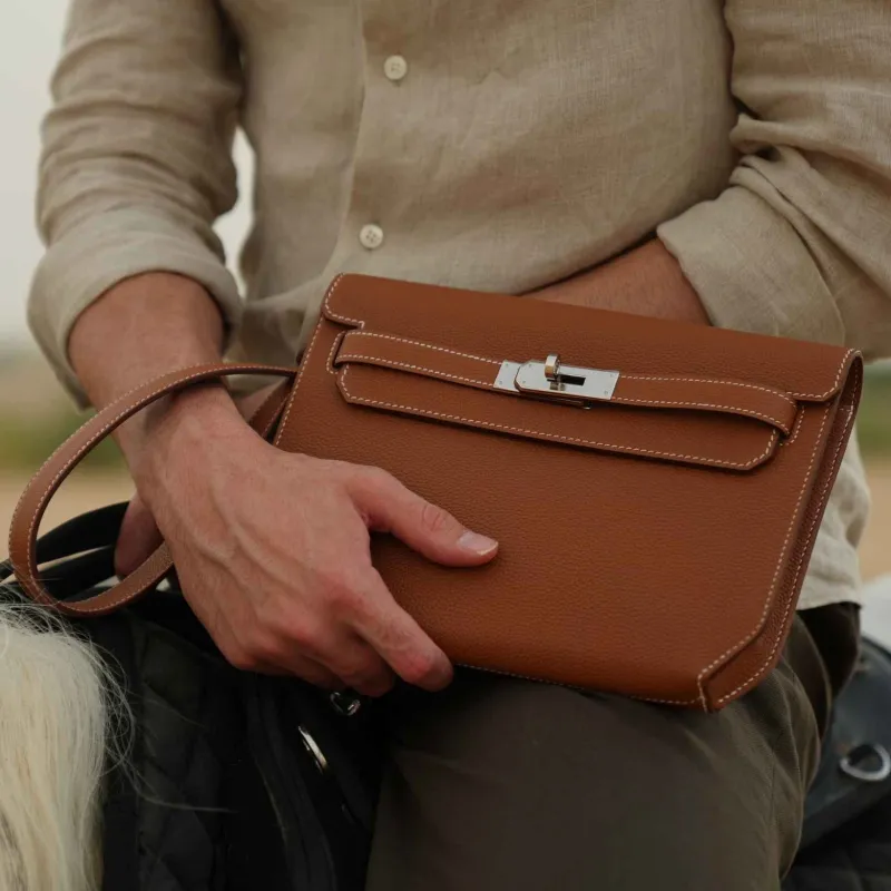 HERMES Kelly Depeches Epsom Leather Clutch Men's Gold-4