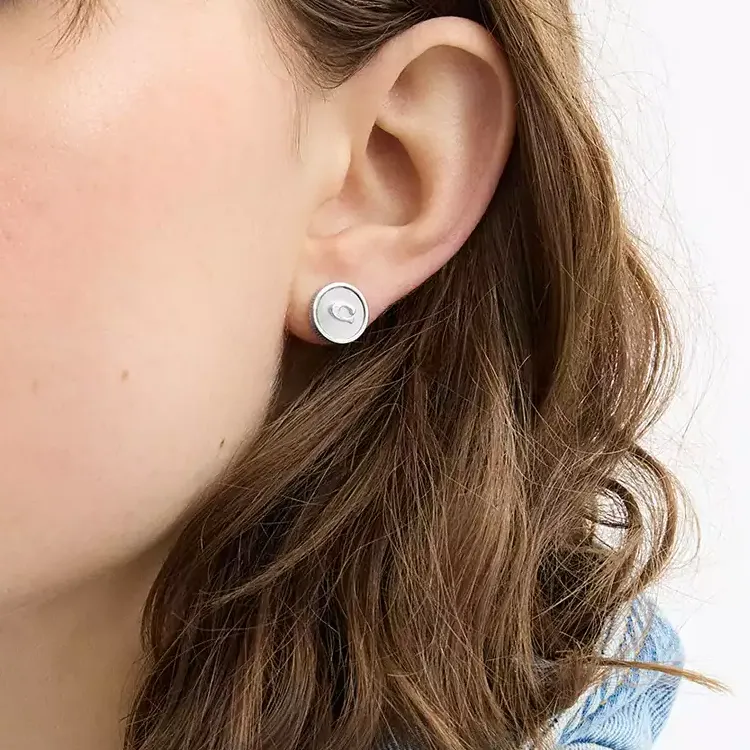 COACH Brass Plated, Cubic Zircon, Mother Of Pearl, Titanium Stud Earrings Women's Silver-2