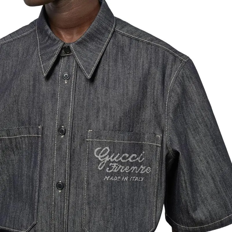 GUCCI Denim Shirt With Jacquard Detail Shirt Men's Dark Blue-4
