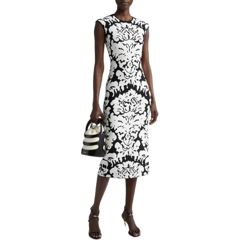Alexander McQueen Damask Intarsia Knit Sleeveless Midi Dress-2
