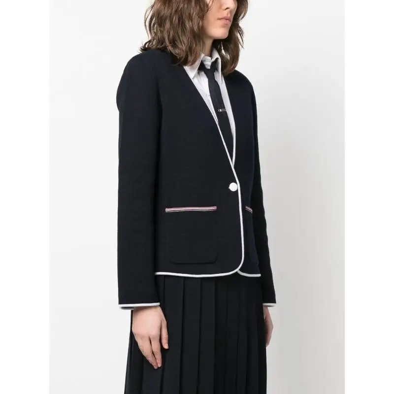 THOM BROWNE Contrasting trim Collarless Jacket-3