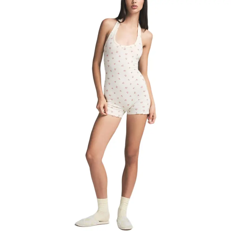 SKIMS Valentine's Day Collection SS25 LOGO POINTELLE HALTER ONESIE Lt Women's Marble Pink Rosebud Print-1