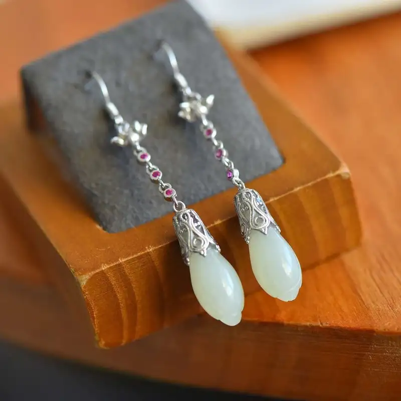 Grace Hetian Jade Earrings Pale Greenish White Jade Women's-4
