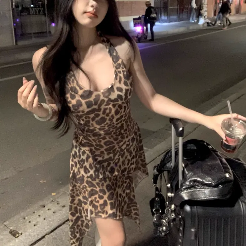 / Slip Dresses Women's Leopard Print Halter Dress-6