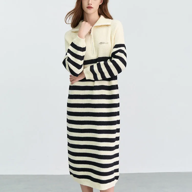 BASIC HOUSE Long-Sleeved Dresses Women's Black White Stripes-3