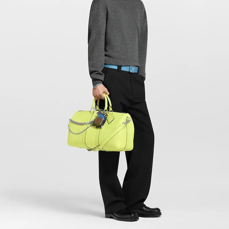 LOUIS VUITTON Keepall Leather Shoulder Bag Crossbody Bag Handbag Travel Bag Men's Green-5