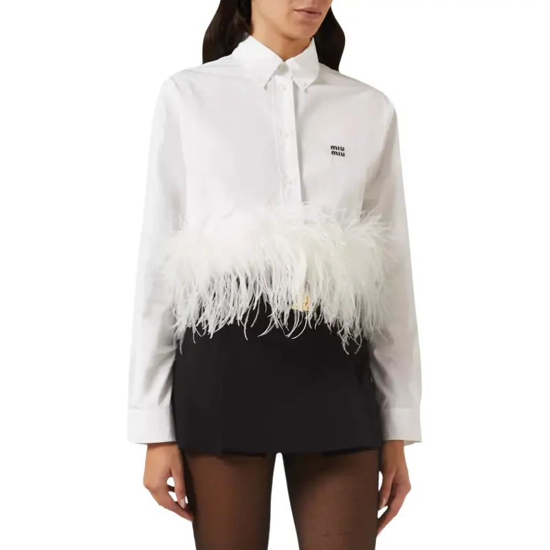 MIU MIU Button Up Cropped Feather Trim Shirt-4