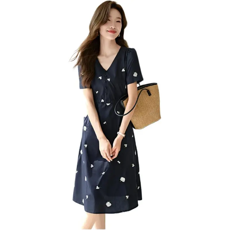 Mo Han Yi Mei Short Sleeved Dress Women's Navy Blue-3