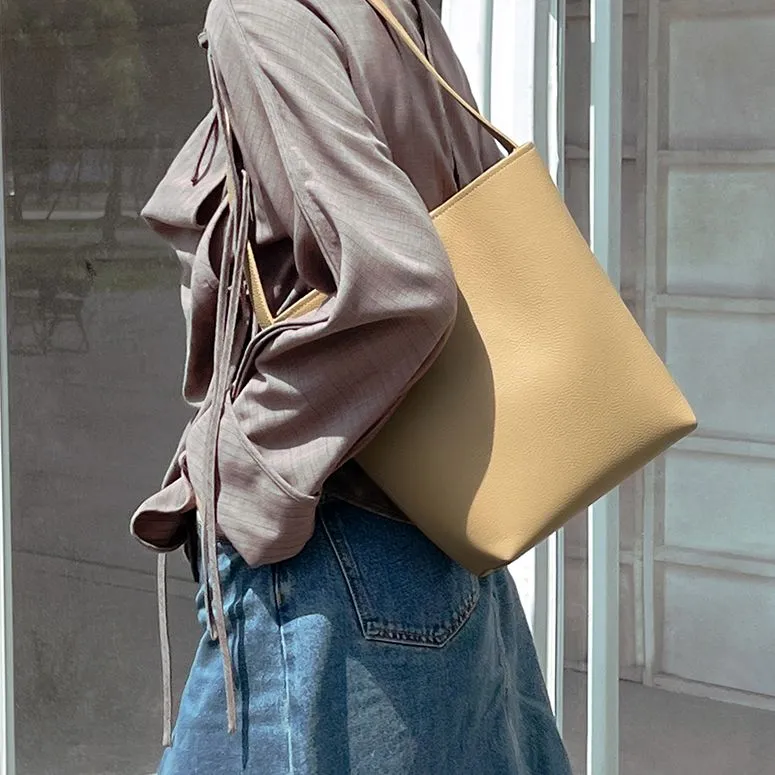STAR TOWN Cow Leather Bucket Bag, One Shoulder Handbag Medium Size Women's Ink Black/Khaki-4