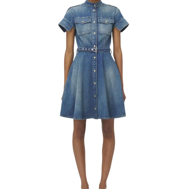 Alexander McQueen Short Sleeve Shirt Denim Mini Dress-1