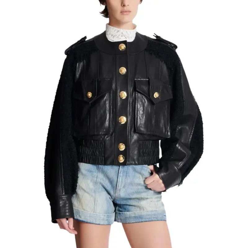 BALMAIN Tweed panel Leather Bomber Jacket-2