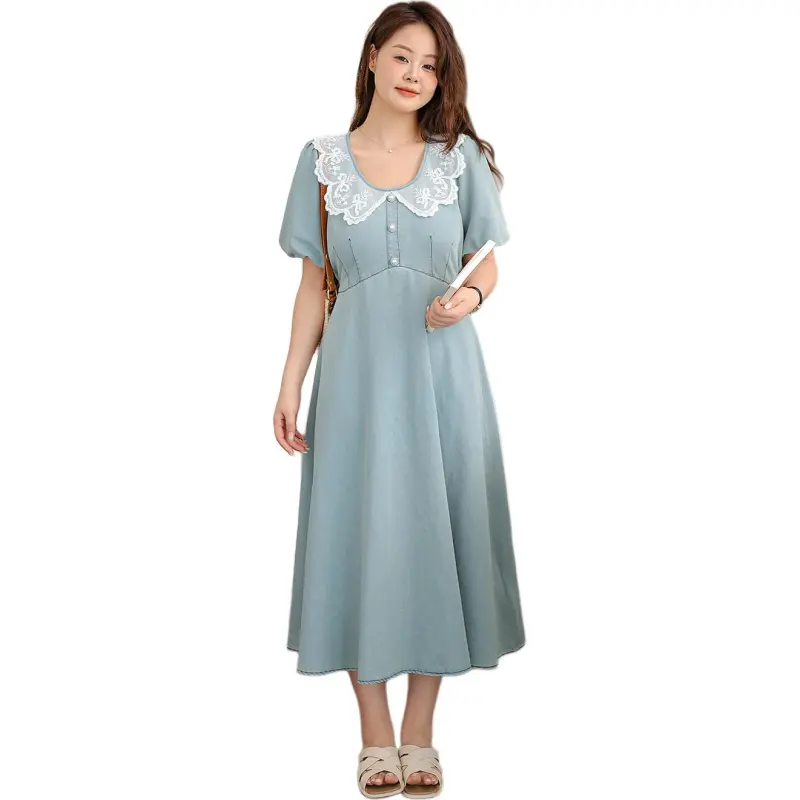 DAMABAIFENBAI Short Sleeved Dress Women's Vintage Blue-1