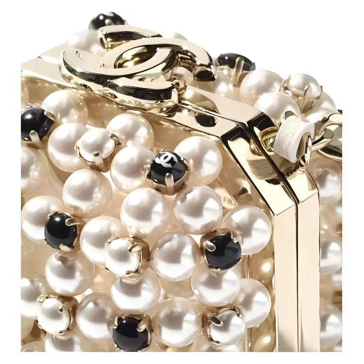 CHANEL Glazed Pearls With Rhinestone Evening Bag, Crossbody Bag, Shoulder Bag Mini Women's White & Black-4