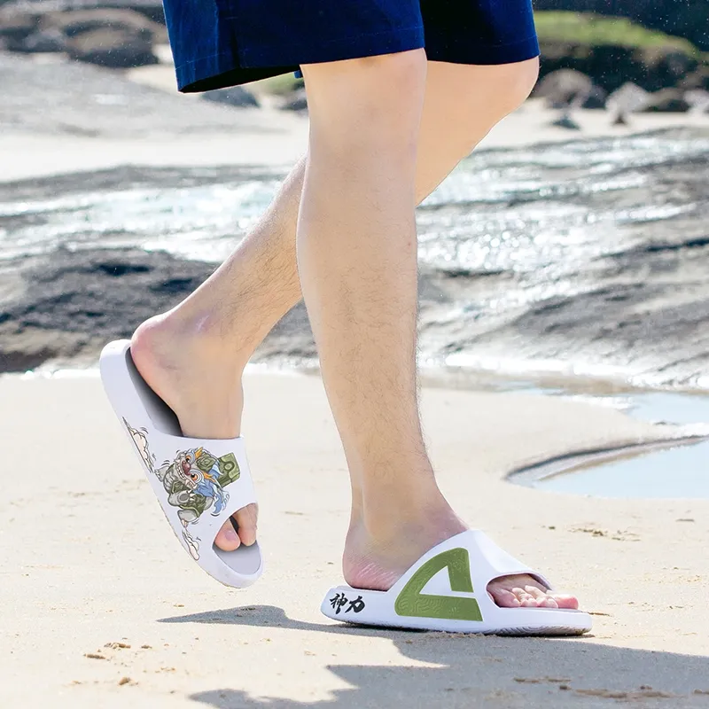 PEAK Tai Ji1.0 Rubber Sole Quiet Slip Resistant Abrasion Resistant Slide Slippers Unisex White Green-3