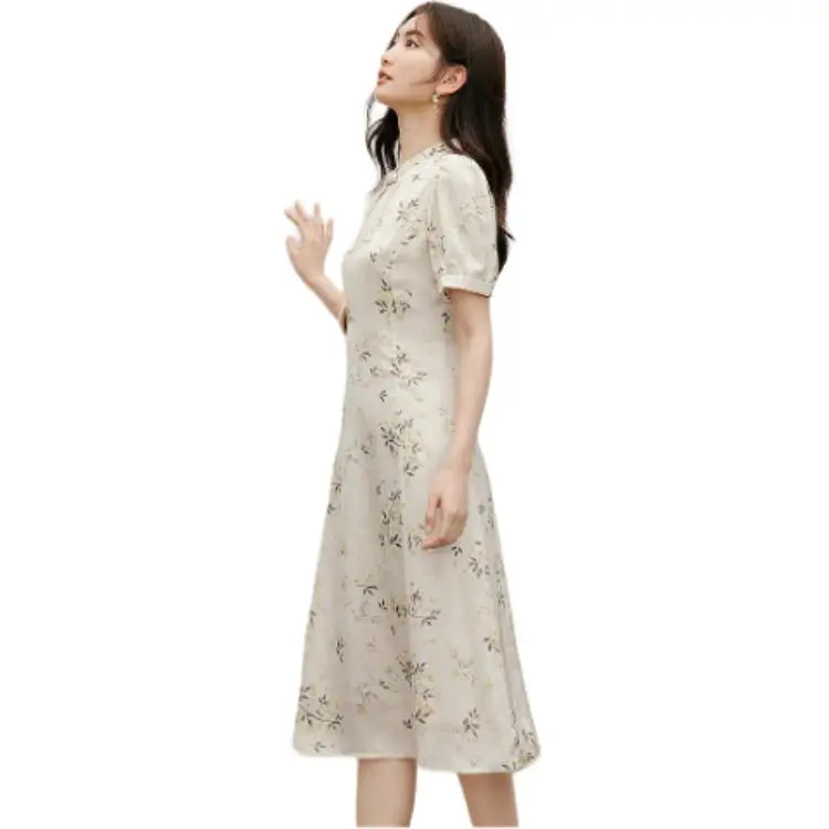 Hopeshow Short-Sleeved Dresses Women's Beige Base With Flowers-5