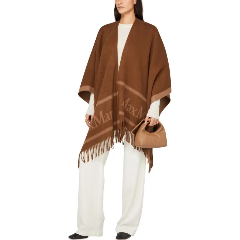 MaxMara Logo Detailed Fringed Cape-6