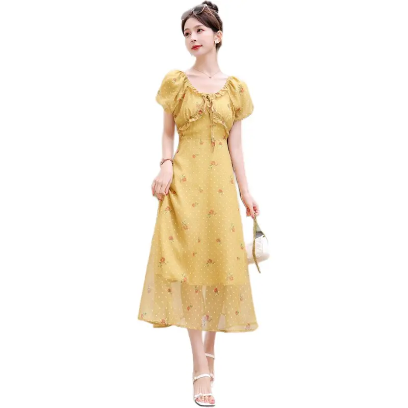 Fele.d Short Sleeved Dress Women's Yellow-2