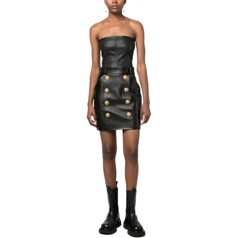 BALMAIN Logo Button Embellished Leather Skirt-2