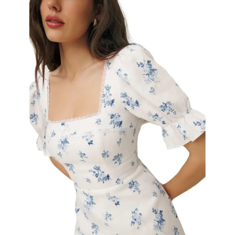 REFORMATION Evianna Linen Dress Short Sleeved Dress Women's White Blue-3