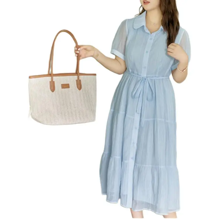 DAMABAIFENBAI Tencel Short Sleeved Dress Women's Blue-2