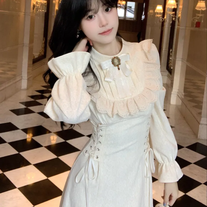 Blovelan Long Sleeved Dresses Women's Apricot-5