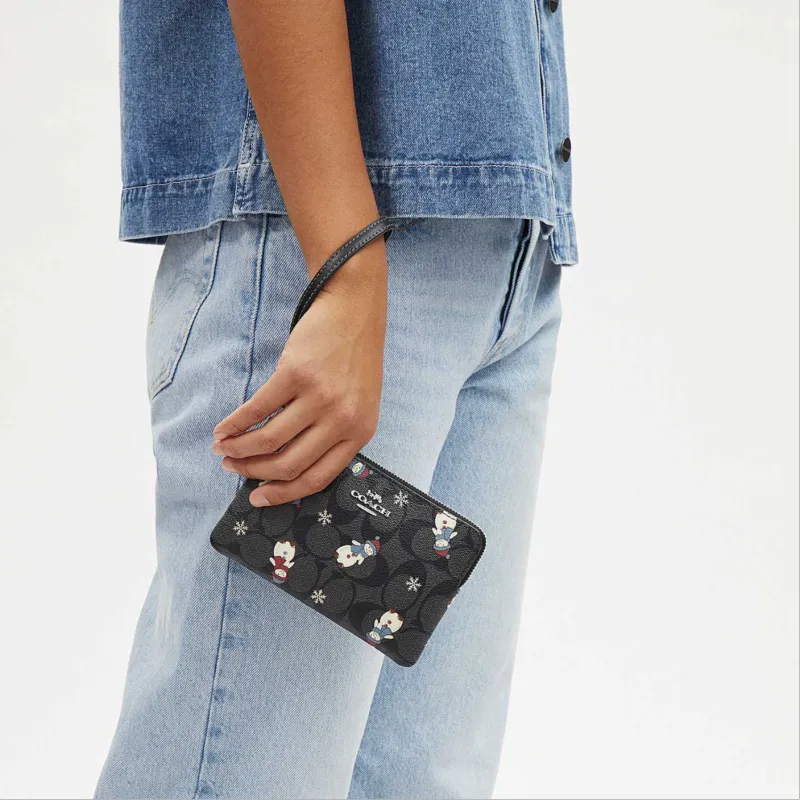 COACH Corner Zip Canvas With Leather Coin Purses Wallets Small Size Women's Black-4