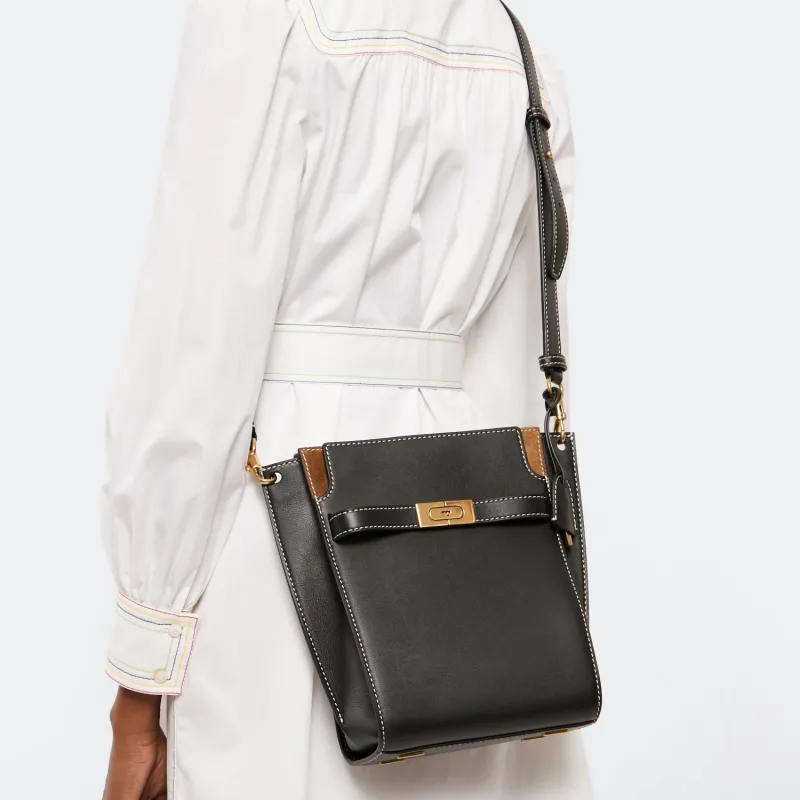 TORY BURCH Lee Radziwill Leather With Suede Trim Bucket Bag, Shoulder Bag, Crossbody Bag Women's Black-5