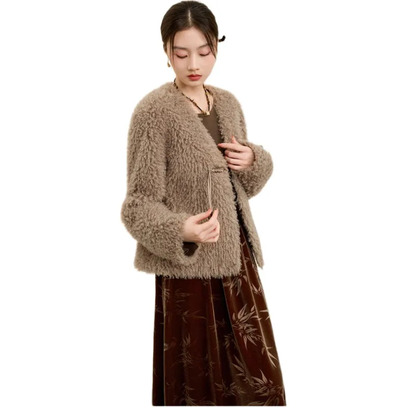 3COLOUR Velvet feel Coat Women's Coffee-1