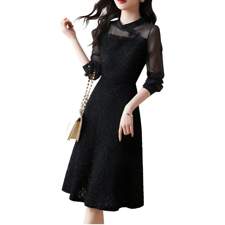 Mo Han Yi Mei Long Sleeved Dress Women's Black-3